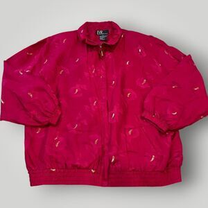 VTG EVR Rousso Women's L Reddish  Floral Print 100% Silk Bomber Jacket Full Zip